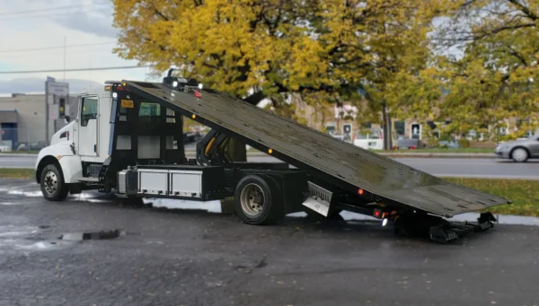 Metro FB-10 flatbed tow truck with fully extended tilt deck for vehicle loading