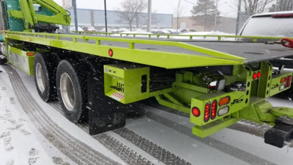 Metro FB-20 flatbed rear section with dual axles, hydraulic system, and safety lighting