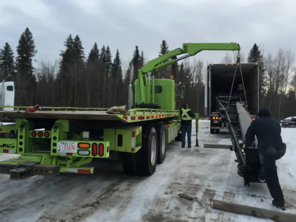 Metro FB-20 flatbed truck unloading steel structure from trailer using rear crane in snowy construction yard