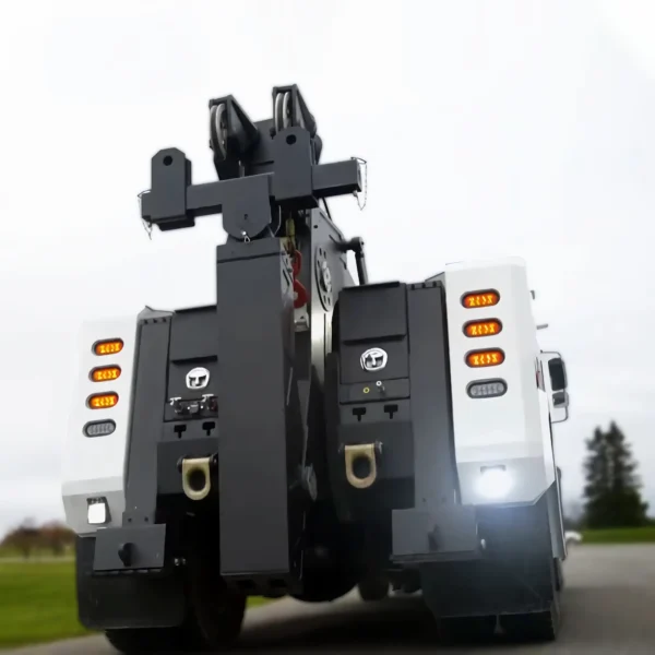 Metro Tow Trucks INT-16 white heavy-duty integrated wrecker rear view with underlift