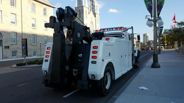 Metro Tow Trucks INT-16 white heavy-duty integrated wrecker rear view showing underlift and boom on pavement