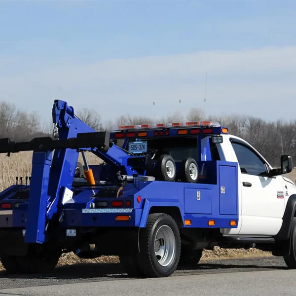 Metro Tow Trucks INT-5 blue integrated wrecker rear three-quarter right view