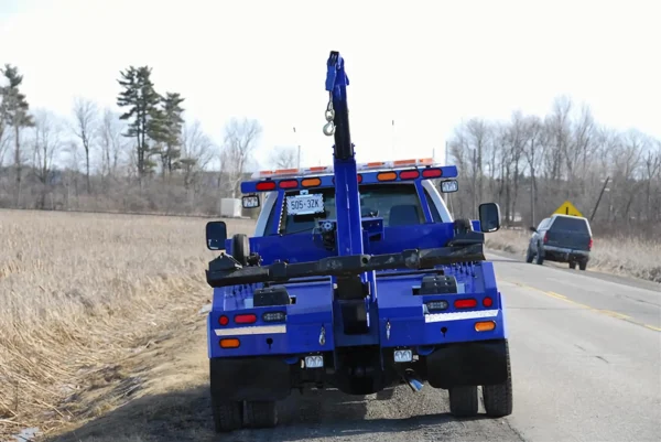 Metro Tow Trucks INT-5 blue integrated wrecker rear view with boom lifted on rural roadside