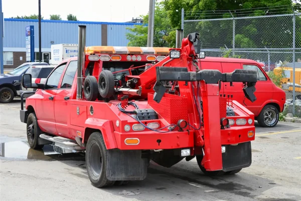 Metro Tow Trucks INT-5 red integrated tow truck rear view showing dolly and underlift system