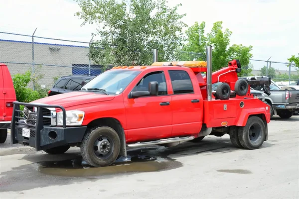 Metro Tow Trucks INT-5 red tow truck left side profile parked in service yard