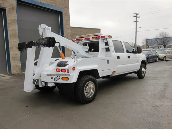 Metro Tow Trucks INT-5 white tow truck rear view with LED tail lights