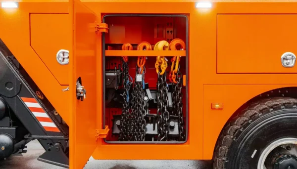 Metro Heavy Recovery 70 wrecker equipment compartment with tools and rigging gear