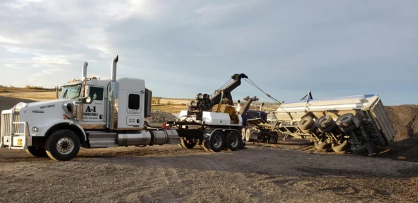 MDTU-35 heavy-duty wrecker recovering a dump truck rollover at a construction site